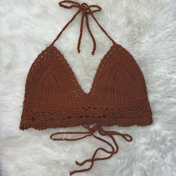 Lulus Let's Run Away Rust Brown Crochet Halter Crop Top - Picture 2 of 6